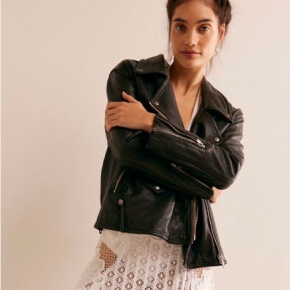 NWT Free People We the Free Jealousy Distressed Black Leather Jacket XL
